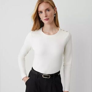 ANN TAYLOR NWT XL XXL Button Shoulder Ponte Top in Winter White • Classic Preppy